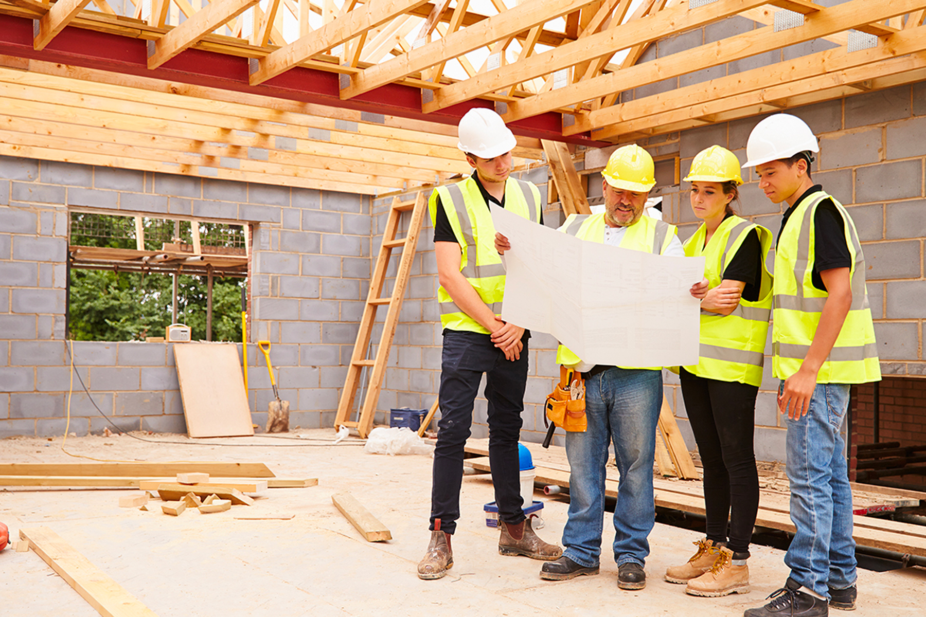 Workers constructing a building